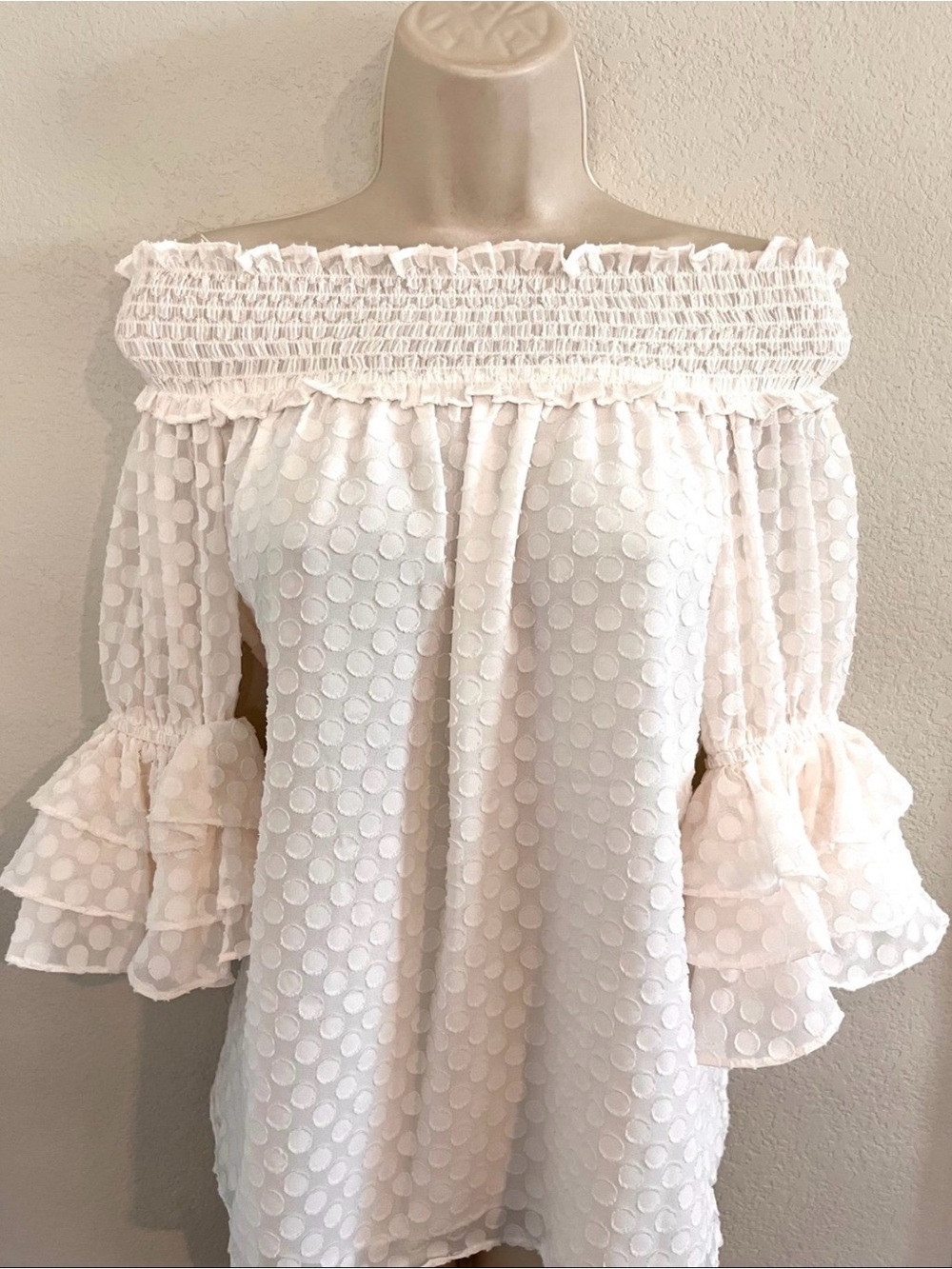 CeCe Ivory Smocked Ruffle Neck Blouse with Tiered Sleeve Ruffles - Picture 2 of 7